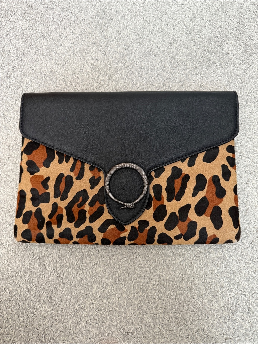 Leopard Print Envelope Clutch with Black Flap and Snake Ring Detail
